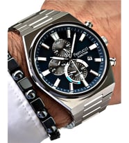 Ferrucci Silver Kordon Fonksiyonları Aktif Takvimli Erkek Kol Saati+Bileklik (Gümüş-Lacivert)