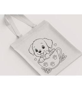 Fincanda Köpek Yavrusu Çiçekli Desenli Çocuk Omuz Çantası Hediyelik Boyanabilir Ham Bez Çanta