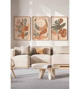 Boho Minimal Bitki ve Ay 3 Parçalı Ahşap Çerçeveli Tablo Seti