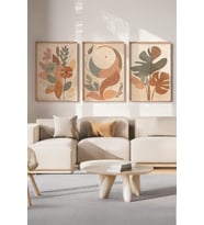 Boho Minimal Bitki ve Ay 3 Parçalı Ahşap Çerçeveli Tablo Seti