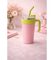 1000 Ml Kulplu Pipetli Çelik Termos Mug Vakumlu Isı Yalıtımlı Büyük Boy Sızdırmaz Bardak (Pudra Pembe)