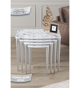 1.sınıf Mdf Beyaz Mermer Desen 4lü Zigon Sehpa Takımı