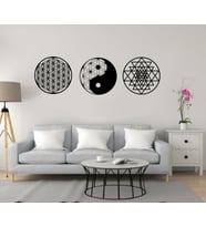 YAŞAM ÇİÇEĞİ SRİ YANTA VE YİNG YANG 3 LÜ SET AHŞAP DUVAR DEKORU MDF TABLO (Siyah)