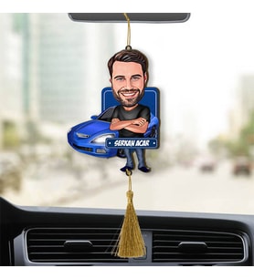 Mavi Spor Araba ve Yakışıklı Karikatürlü Ahşap Dikiz Ayna Araba Süsü