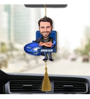 Mavi Spor Araba ve Yakışıklı Karikatürlü Ahşap Dikiz Ayna Araba Süsü