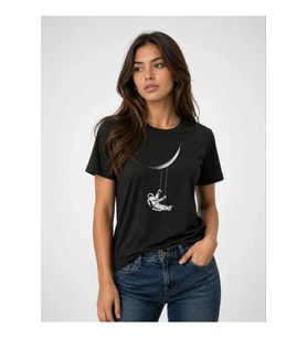 Astronot Ay Temalı Tişört Kısa Kol Yazlık Bisiklet Yaka T-Shirt - Siyah