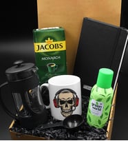 Özel Tasarım Kulaklıklı Kuru Kafa Kupa & French Press & 250 Gram Jacobs Filtre Kahve & Kişiye Özel Siyah Defter & Green World Kolonya