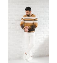 San&Fa Bisiklet Yaka Çizgili Slimfit Yünlü Triko Kazak (Kahverengi)