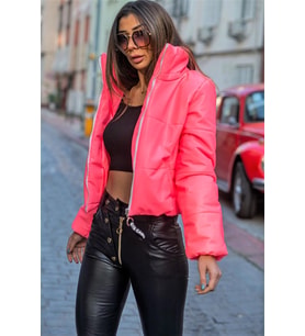 Kadın Pembe Dik Yaka Kısa Deri Şişme Mont