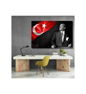 Atatürk ve Bayrak Temalı Kanvas Tablo Okul Ofis Tablosu Yatay Duvar Dekoru
