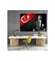 Atatürk ve Bayrak Temalı Kanvas Tablo Okul Ofis Tablosu Yatay Duvar Dekoru