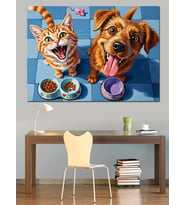 Gülümseyen Kedi Ve Köpek Dekoratif Kanvas - Mdf Ahşap Tablo