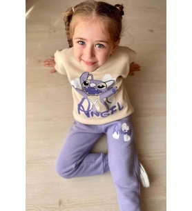 Kız Çocuk Stitch Karakter ve Angel Yazı Baskılı Lila Eşofman Takım