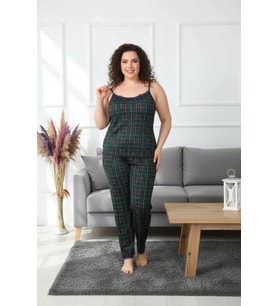 Premium Kadın Büyük Beden İp Askılı Pijama Takımı Yeşil Ekose