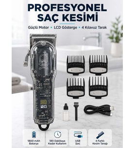 Profesyonel Erkek Tıraş Makinesi Güçlü Motorlu LCD Göstergeli 1800 mAh Bataryalı USB Şarjlı Saç Kesme Makinesi