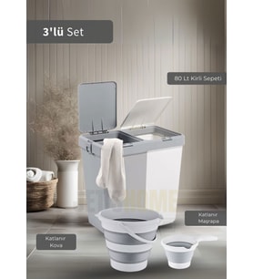 3'lü Banyo Seti Çamaşır Sepeti Katlanır Kova Katlanır Maşrapa BPA Free