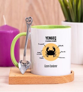 Kişiye Özel Yengeç Burcuna Hediye Ahşap Altlıklı Yeşil Kupa Bardak