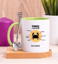 Kişiye Özel Yengeç Burcuna Hediye Ahşap Altlıklı Yeşil Kupa Bardak