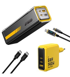 Aohi Youth 140W 3 Portlu Şarj Adaptörü, 27.600 mAh 240W PD3.1 Powerbank, 140W LED Ekranlı Naylon Örgülü Süper Hızlı Şarj/Data Kablosu Seti