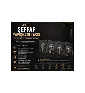 4'lü Şeffaf Yapışkanlı Askı – Duvar Askısı – Delmeden Montaj