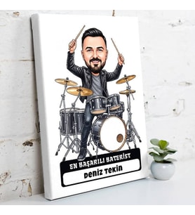 Bateriste Hediye Erkek Karikatürlü Kanvas Tablo
