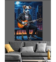 Gitar Çalan Köpek Çizimi Dekoratif Kanvas - Mdf Ahşap Tablo