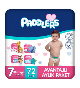 Paddlers Bebek Bezi 7 Numara XX-Large (20-30 Kg) 72 Adet – Aylık Paket, Yüksek Emicilik