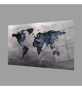 Gri Eskitme Dünya Haritası 4mm Dayanıklı Cam Tablo Temperli Cam, World Map Glass Wall Art