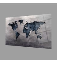 Gri Eskitme Dünya Haritası 4mm Dayanıklı Cam Tablo Temperli Cam, World Map Glass Wall Art