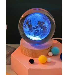 3D Ay Küre Kristal Led Gece Lambası – USB'li Ahşap Standlı LED Masa Lambası & Gece Lambası RGB Led