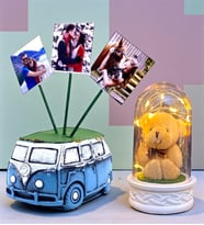 Kişiye Özel Hediye Seti 3 Fotoğraflı Mavi Vosvos Saksı ve Led Işıklı Fanus (Model 6)