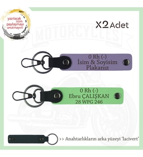 Bikerlar İçin Özel Hediye, İsim Plaka ve 0 Rh (-) Kan Grubu Yazılı x2 Anahtarlık, Mor-F Yeşil-Laci (Çok Renkli)