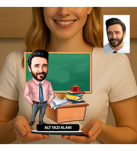 Kişiye Özel Öğretmen Karikatürlü 18 cm MDF Masaüstü Biblo - Öğretmen Hediyesi Öğretmene Özel Hediye