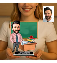 Kişiye Özel Öğretmen Karikatürlü 18 cm MDF Masaüstü Biblo - Öğretmen Hediyesi Öğretmene Özel Hediye