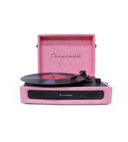 Crownwell Casablanca Serisi Retro Çanta Pikap – Koyu Pembe Süet Kaplama, Dahili Hoparlörlü, 3 Hızlı (33/45/78 RPM), Bluetooth Bağlantılı, Taşınabilir Vintage Plak Çalar