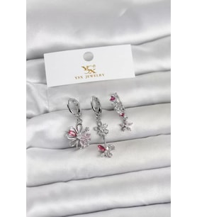 Pirinç Gümüş Renk Çiçek Model 3'lü Kadın Küpe - TJ-BKP11712