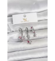 Pirinç Gümüş Renk Çiçek Model 3'lü Kadın Küpe - TJ-BKP11712