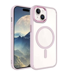 Coverzone iPhone 15 Plus ile uyumlu K?l?f Wireless ?arj �zellikli Metal buton Z-Krom MagSafe ile uyumlu ?effaf Transparan Double Color Silikon Kapak Pembe A�?k
