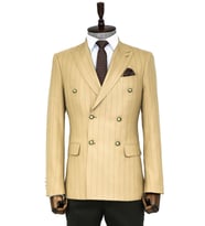 Kruvaze Slim Fit Çizgili Krem Erkek Ceket - Wessi (Taba)
