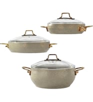 EMY2402 Emaye 6 Parça Tencere Seti Gri Vintage Güveç Model Cam Kapaklı 16-20-22 cm Tencere Takımı İndüksiyon Uyumlu Şık ve Dayanıklı Mutfak Seti