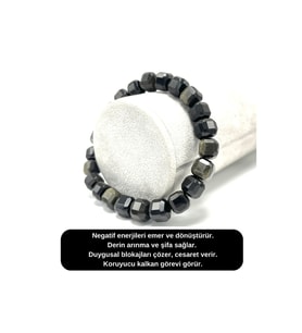 SERTİFİKALI Obsidyen Küp Kesim Lastikli Doğal Taş Bileklik 8 mm