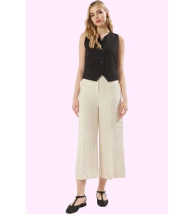 Kadın Yüksek Bel Geniş Paça Dokuma Pantolon Renk Wide Leg Kalıp Günlük Stil Modern Tasarım (Ekru)