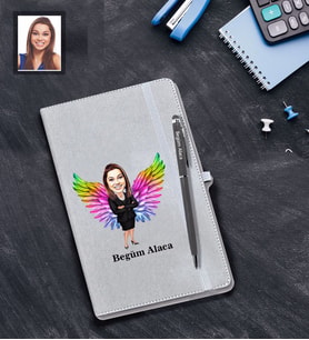 Kişiye Özel Melek Anne Karikatürlü Gri Defter Kalem Hediye Seti Model-4