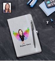 Kişiye Özel Melek Anne Karikatürlü Gri Defter Kalem Hediye Seti Model-4