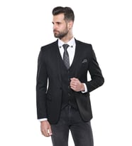 Düz Siyah Slim Fit Yelek Ceket Set - Wessi