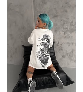 Kadın Kısa Kol Tişört Bisiklet Yaka Filistin Poşülü Baskılı T-Shirt - Beyaz