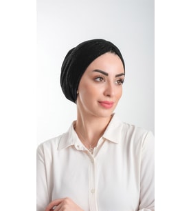 Siyah Pratik Hazır Geçmeli Tesettür Bone Fukuro Simli Büzgülü 2116_01