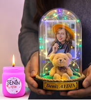 Kişiye Özel Fotoğraflı & Yazılı Renkli Led Işıklı Fanus ve Kokulu Mum (Ayıcıklı)