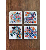 Doğal Taş Bardak Altlığı 4'lü Set 10x10x1 cm Renkli Zebra Baskılı -Stone Coasters