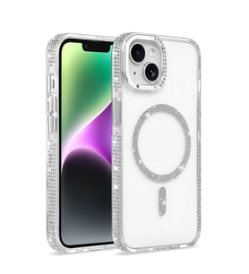 Apple iPhone 13 Kılıf Kenar Taşlı M-safe Şarj Özellikli Parlak Tera Şeffaf Kapak